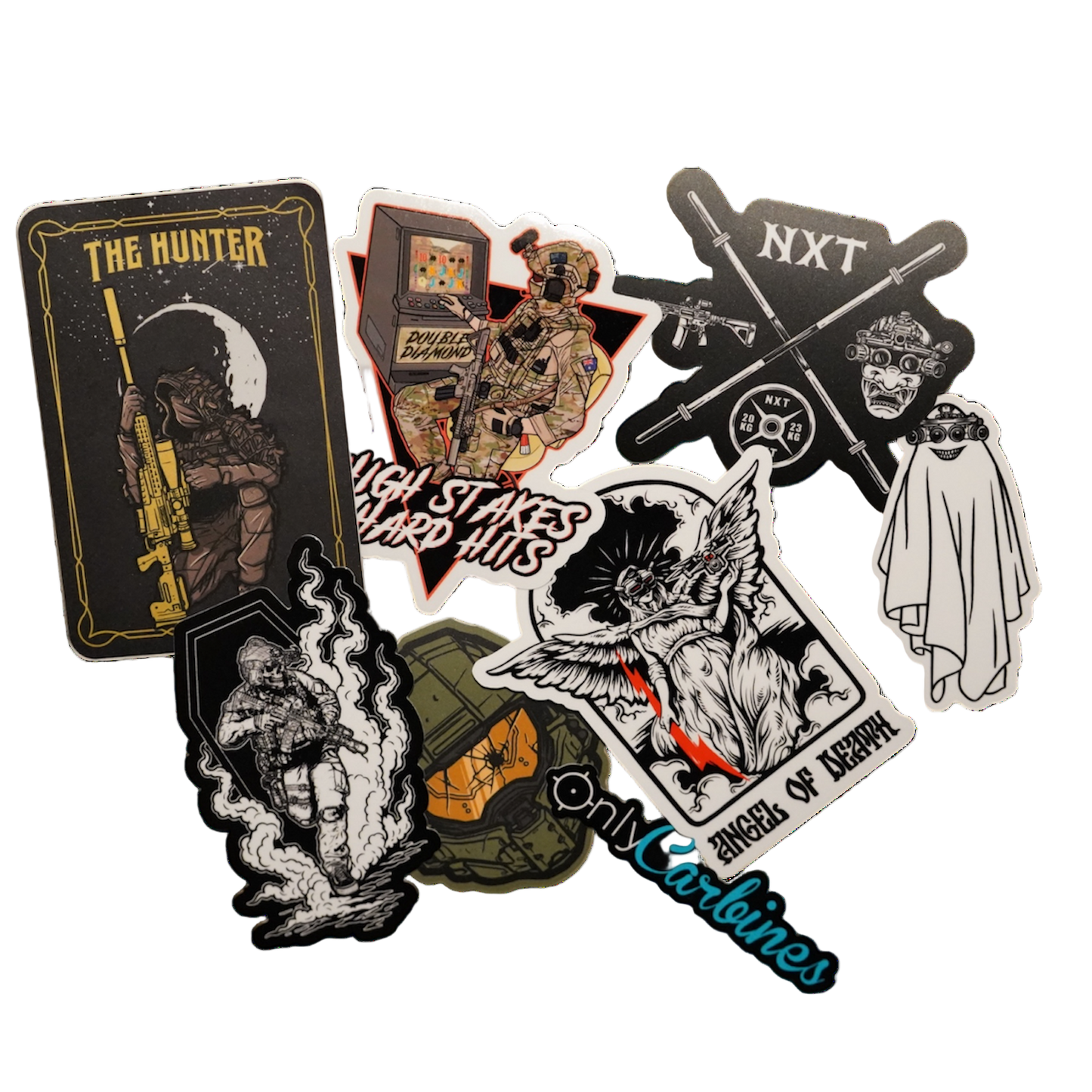 Collection of various stickers with different designs on a white background