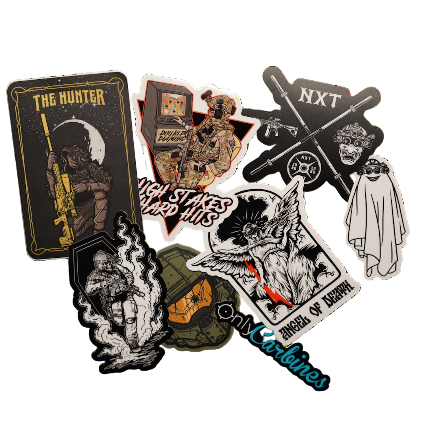Collection of various stickers with different designs on a white background